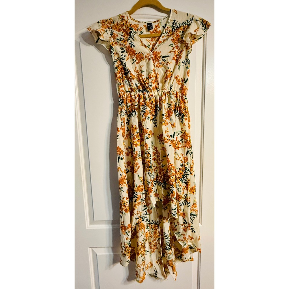 High-Low Dress S Cream Orange Floral Flutter Sleeve‎ Boho Whimsical